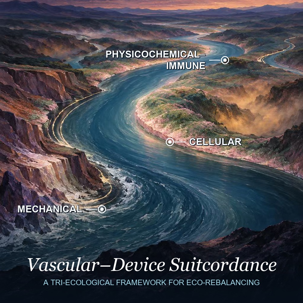 A river in balance, annotated with the three ecological balances of vascular-device suitcordance: mechanical, cellular and physicochemical-immune